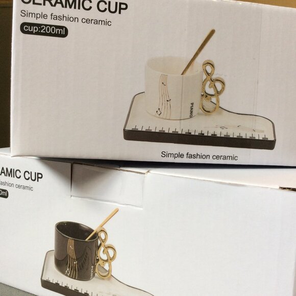 NWOT piano music novelty ceramic mugs with "saucers" and spoons, set of 2 - Picture 4 of 7